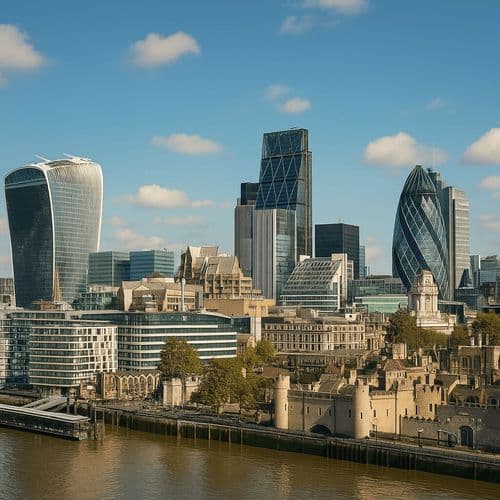 City of London skyline with the Gherkin and Walkie-Talkie above the riverside