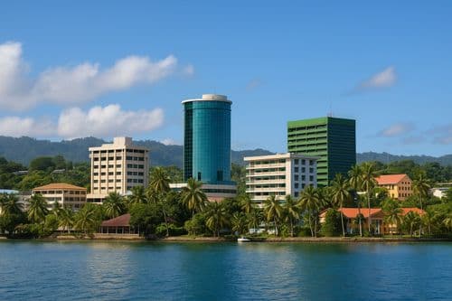 Tropical Port Vila waterfront with office towers among the palms