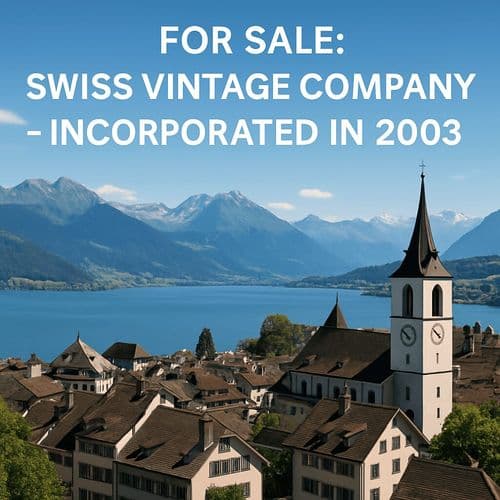 Swiss lakeside town with a church spire, captioned vintage company incorporated in 2003
