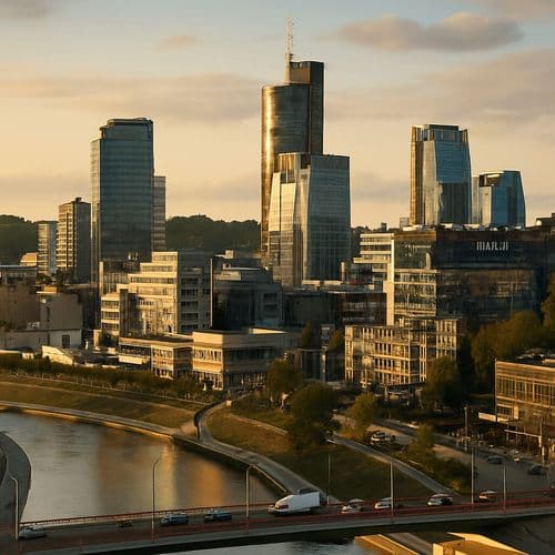 Vilnius business district towers at golden hour above the river bend