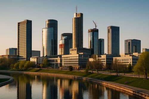 Vilnius business district skyline reflected in the Neris river
