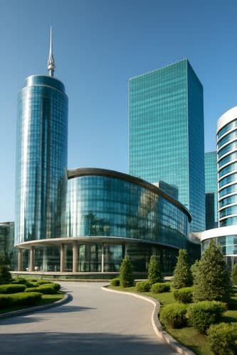 Modern glass towers and a curved office building in a new business district