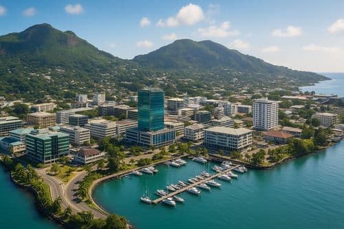 Aerial Victoria, Seychelles, with the marina and green mountains