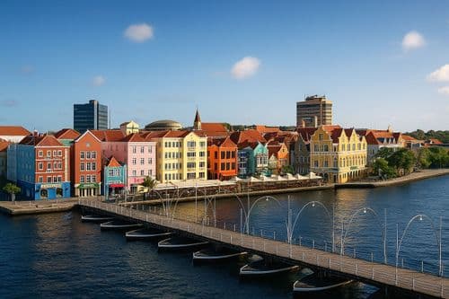 Willemstad waterfront facades with the pontoon bridge, Curacao
