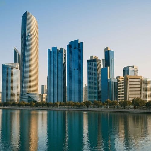 Abu Dhabi Al Maryah Island towers reflected in calm water
