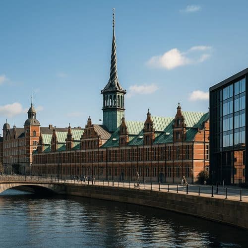 Copenhagen Borsen dragon spire beside red-brick facades