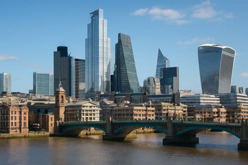 City of London towers with the Walkie-Talkie behind a Thames bridge