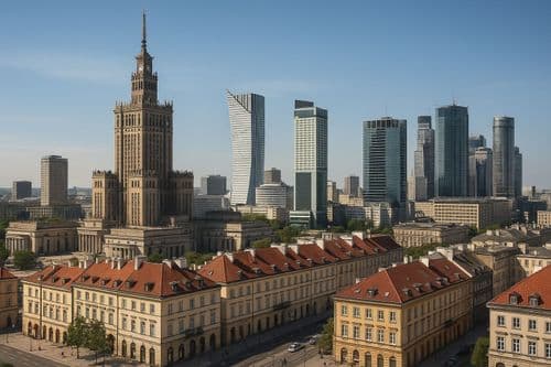Warsaw mix of the Palace of Culture, modern towers and old townhouses