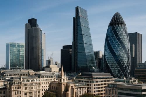 City of London with the Gherkin and Leadenhall above a stone office block