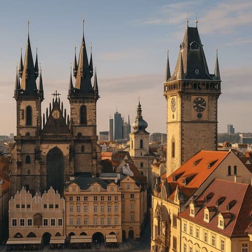 Prague old town with the Tyn Church spires and clock tower