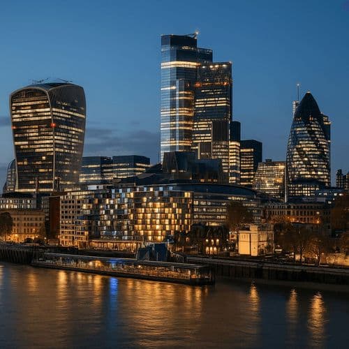 City of London lit up at night with the Gherkin on the right