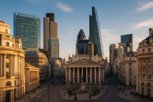 Royal Exchange portico at Bank junction with City towers behind