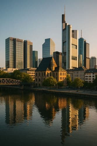 High-rise bank towers reflected in the river at dusk