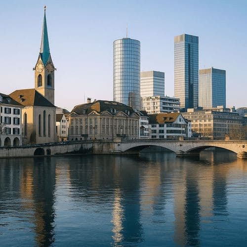 Zurich riverside with St Peter church clock face and modern towers behind