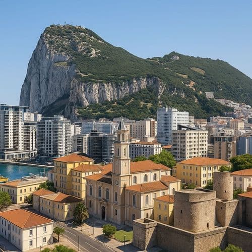 Rock of Gibraltar rising above the old town rooftops