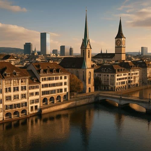 Zurich riverside with the twin spires of Grossmunster at dusk