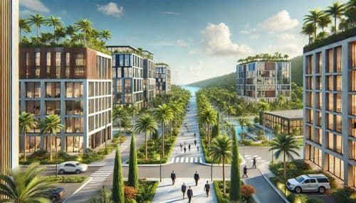 Tropical boulevard in Port Vila with palms, low offices and a public plaza