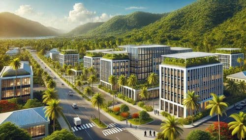 Low-rise offices with palms under the green mountains of Dominica