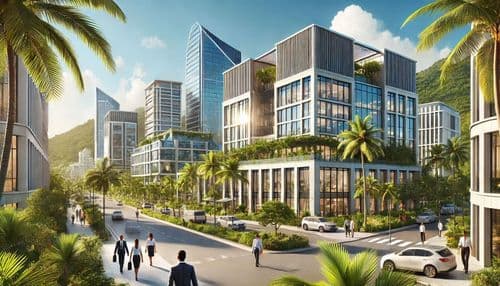 Palm-lined Seychelles street with modern glass office buildings