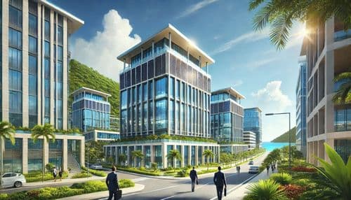 Glass office building with palms and landscaped grounds in the British Virgin Islands