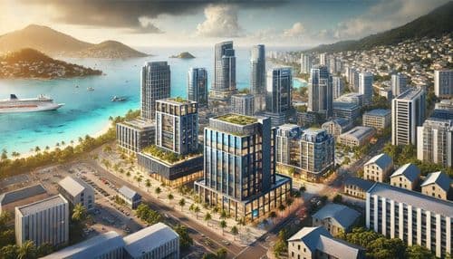 Aerial view of a Seychelles coastal city between the beach and office blocks