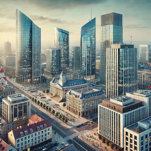 Modern glass towers rising above older Vilnius streets