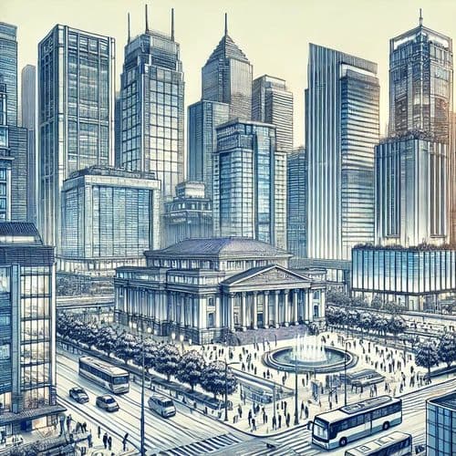 Illustrated cluster of modern glass bank towers