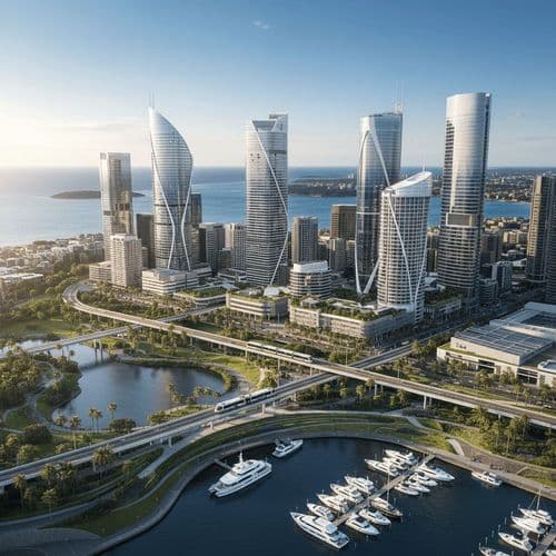 Aerial waterfront city with a marina beneath modern towers