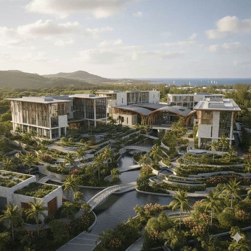 Aerial Port Louis with office towers between green hills