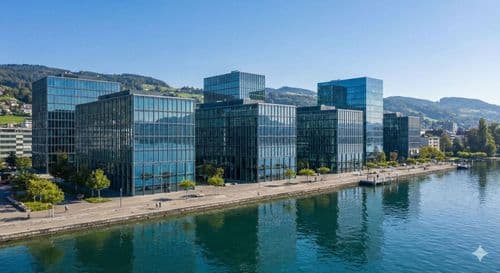 Lakeside row of glass offices on the Swiss waterfront