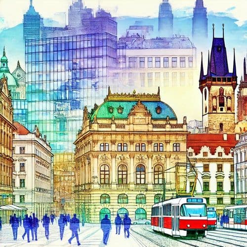 Illustrated Prague old town square with its clock tower and church spires