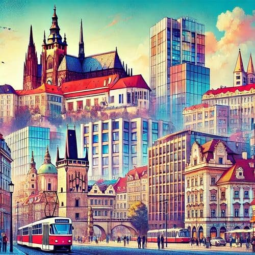 Illustrated Prague skyline with Charles Bridge and cathedral spires