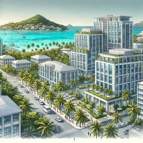 Illustrated Seychelles waterfront with palm trees and a modern glass bank building