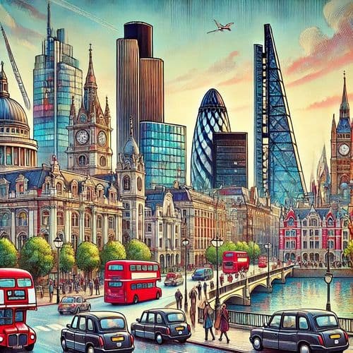 Illustrated London with the Gherkin, Big Ben and red buses crossing a bridge