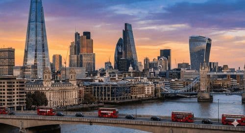 London at sunset with the Shard and red buses crossing the bridge